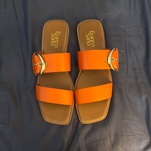 Franco Sarto Vibrant Orange Slides with Gold Buckle